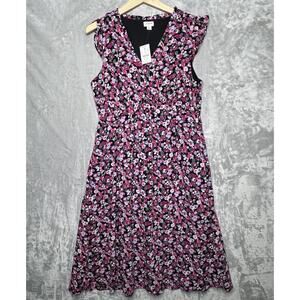 J.Crew Dress Womens 10 Black Pink Floral Midi V Neck Fit & Flare Ruffle Sleeve
